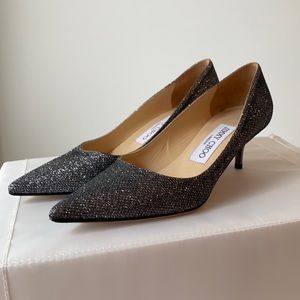 Jimmy Choo Silver Glittery kitten Heals size 34.5 (USA 4.5)
